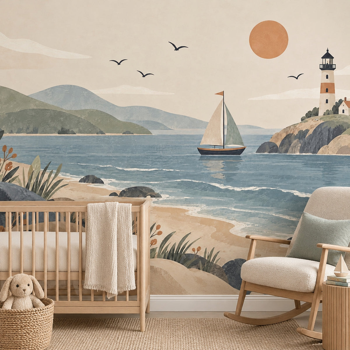 Sailboat And Lighthouse Coast Wallpaper Mural In Pastel Watercolor