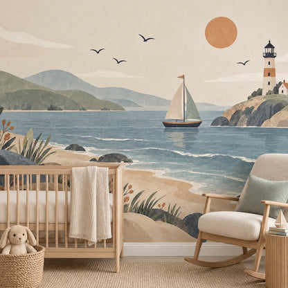 Sailboat And Lighthouse Coast Wallpaper Mural In Pastel Watercolor