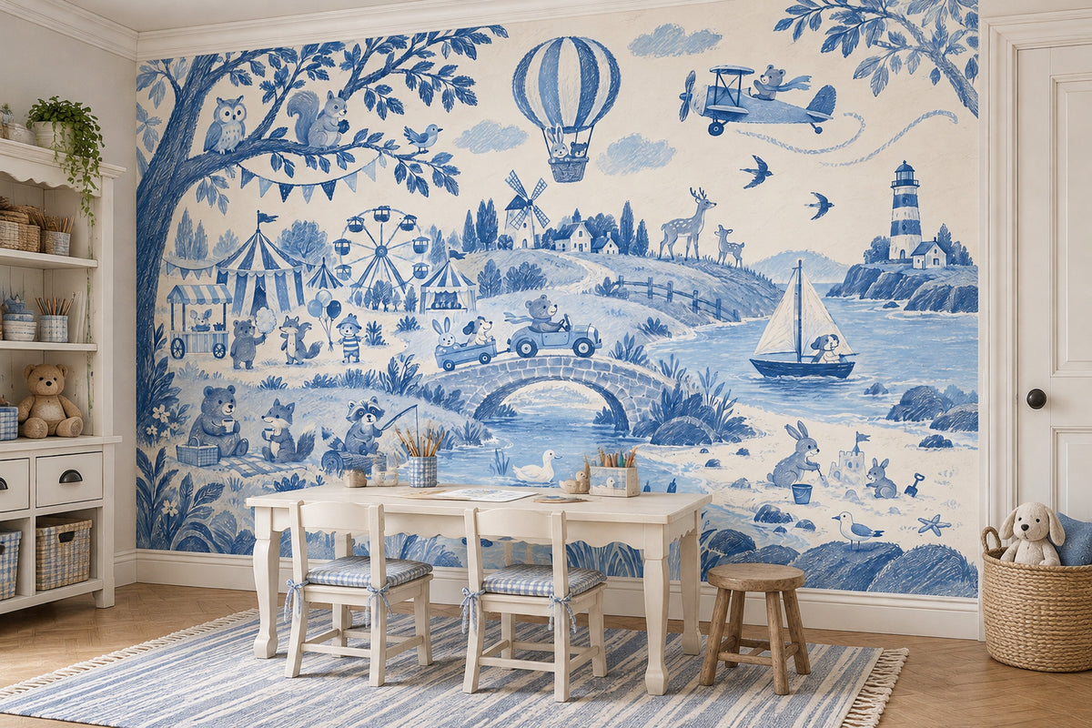 Woodland Animals Storybook Wallpaper Mural Blue Toile On Cream