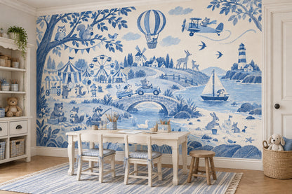 Woodland Animals Storybook Wallpaper Mural Blue Toile On Cream