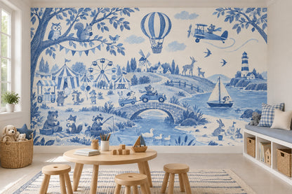 Woodland Animals Storybook Wallpaper Mural Blue Toile On Cream