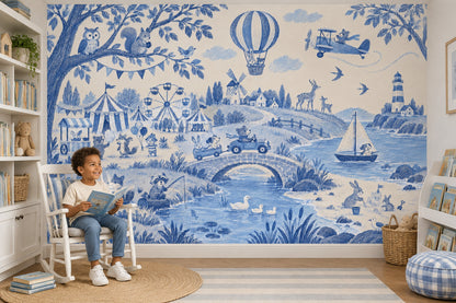 Woodland Animals Storybook Wallpaper Mural Blue Toile On Cream