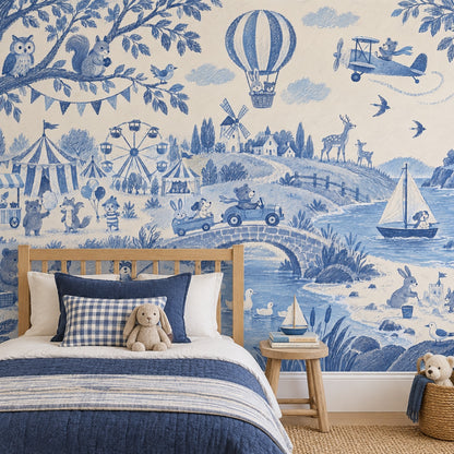 Woodland Animals Storybook Wallpaper Mural Blue Toile On Cream