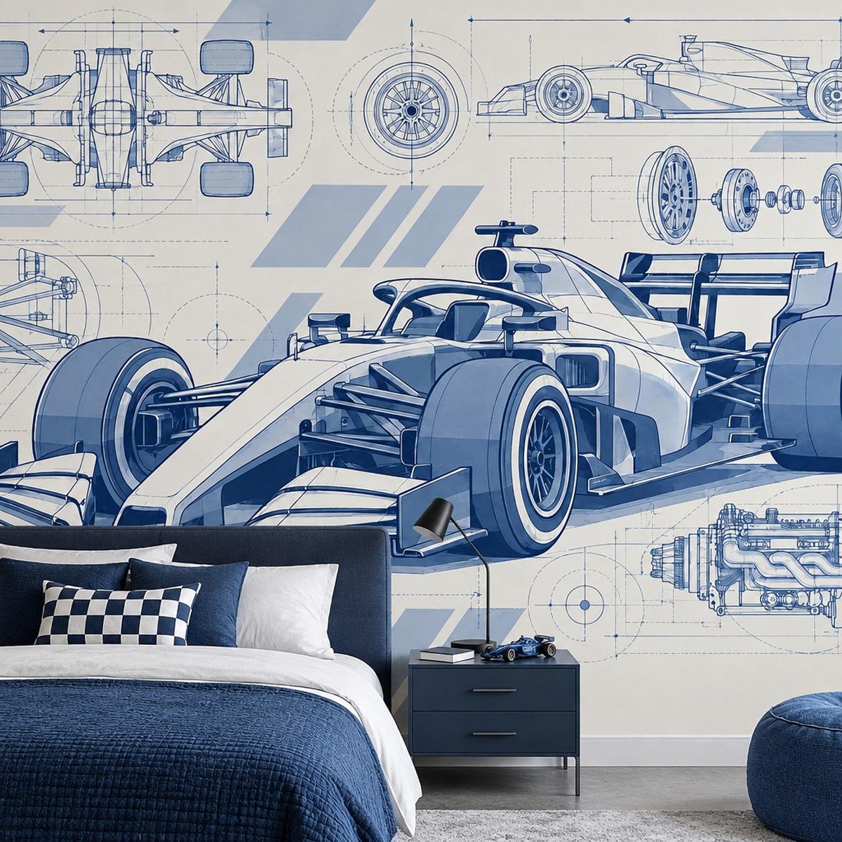 Formula Race Car Blueprint Wallpaper Mural: Navy And Blue Technical Drawing
