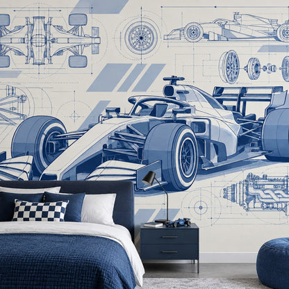 Formula Race Car Blueprint Wallpaper Mural: Navy And Blue Technical Drawing
