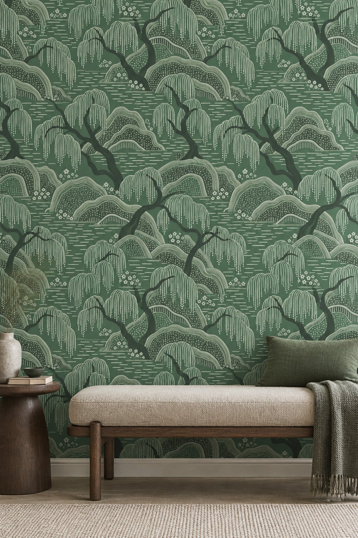 Willow Trees Wallpaper Sage Green Asian Landscape Pattern