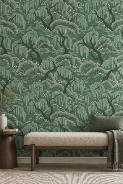 Willow Trees Wallpaper Sage Green Asian Landscape Pattern