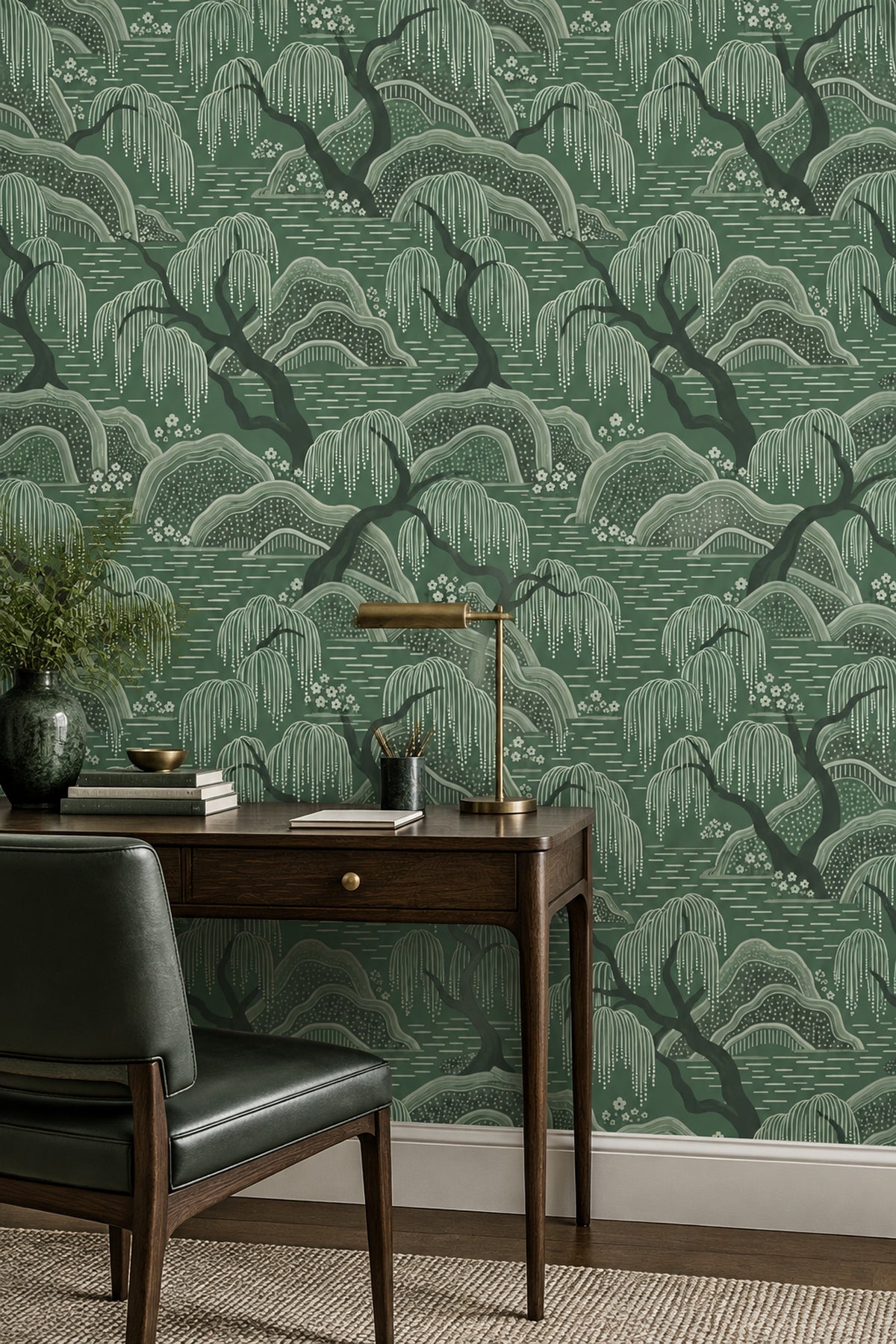 Willow Trees Wallpaper Sage Green Asian Landscape Pattern