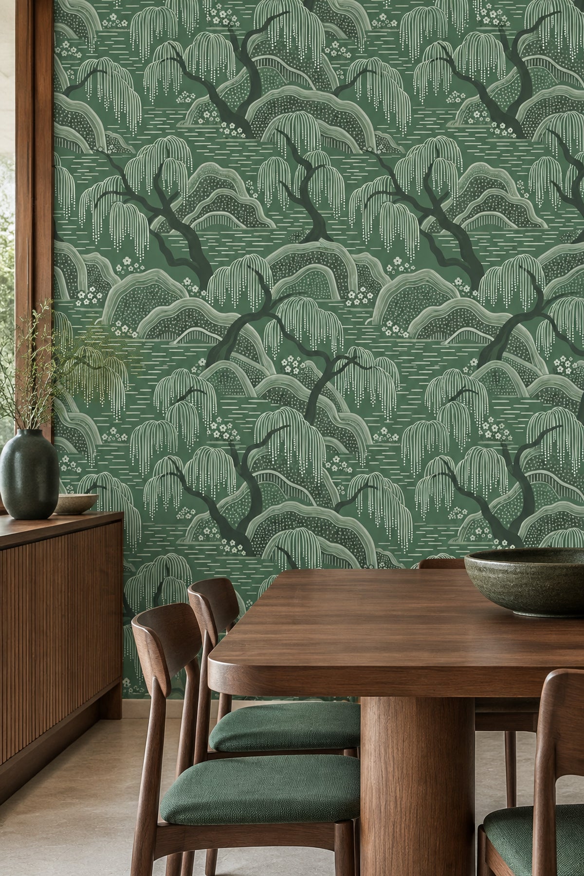 Willow Trees Wallpaper Sage Green Asian Landscape Pattern