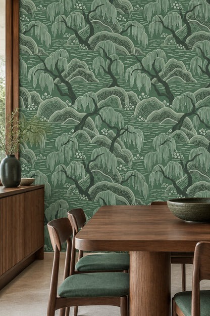 Willow Trees Wallpaper Sage Green Asian Landscape Pattern