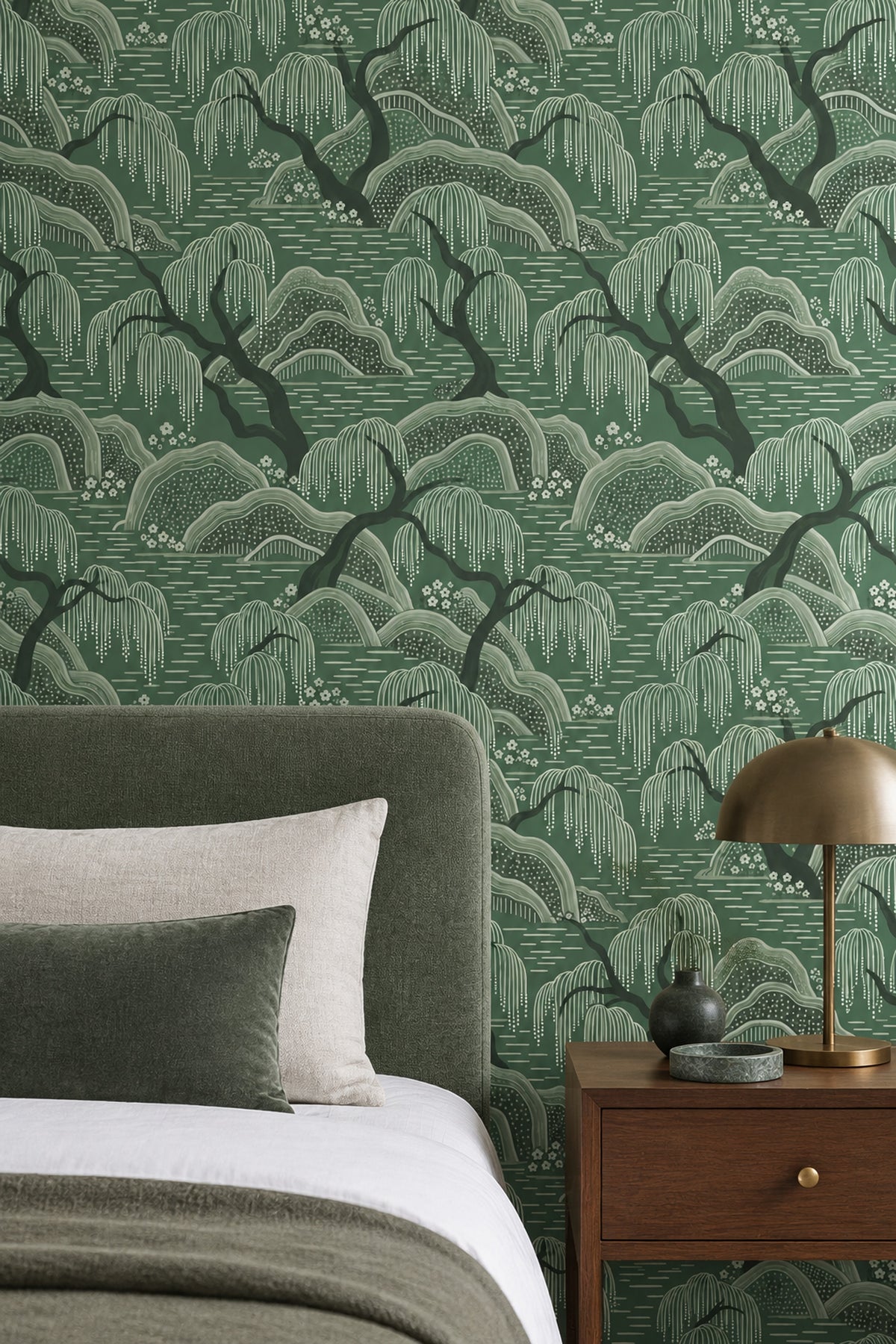 Willow Trees Wallpaper Sage Green Asian Landscape Pattern