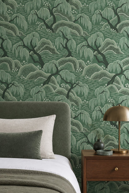 Willow Trees Wallpaper Sage Green Asian Landscape Pattern