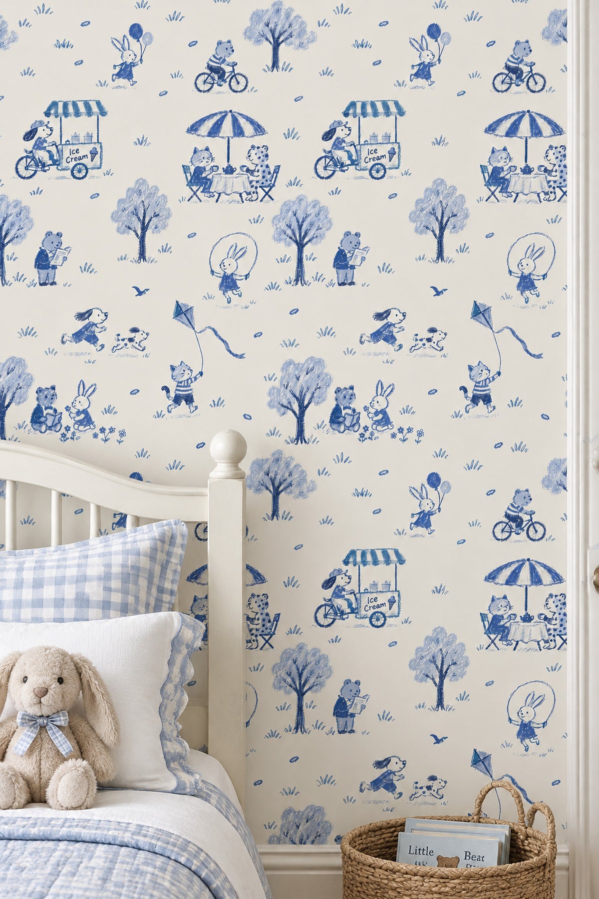 Playful Animal Park Scene Wallpaper Blue Toile On Ivory