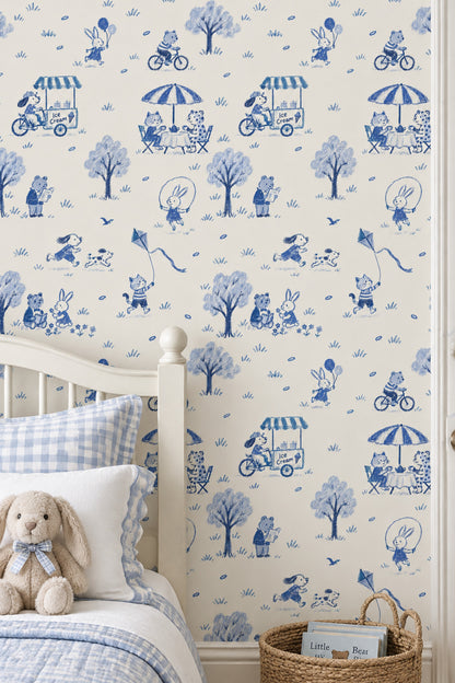 Playful Animal Park Scene Wallpaper Blue Toile On Ivory