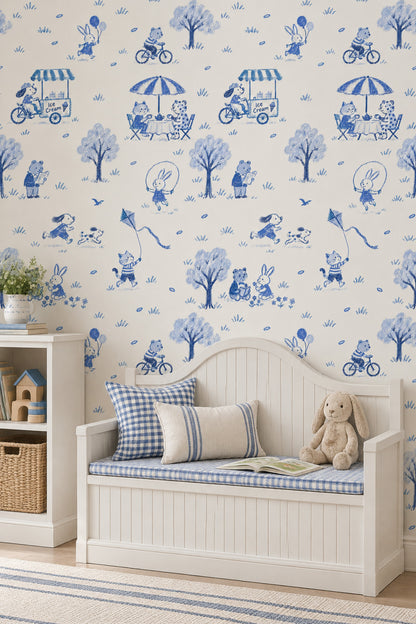 Playful Animal Park Scene Wallpaper Blue Toile On Ivory
