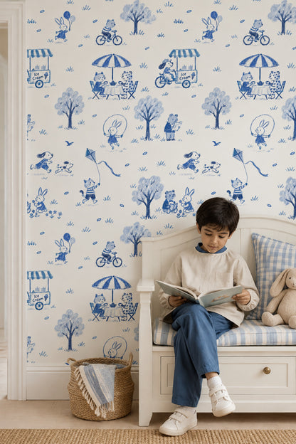 Playful Animal Park Scene Wallpaper Blue Toile On Ivory