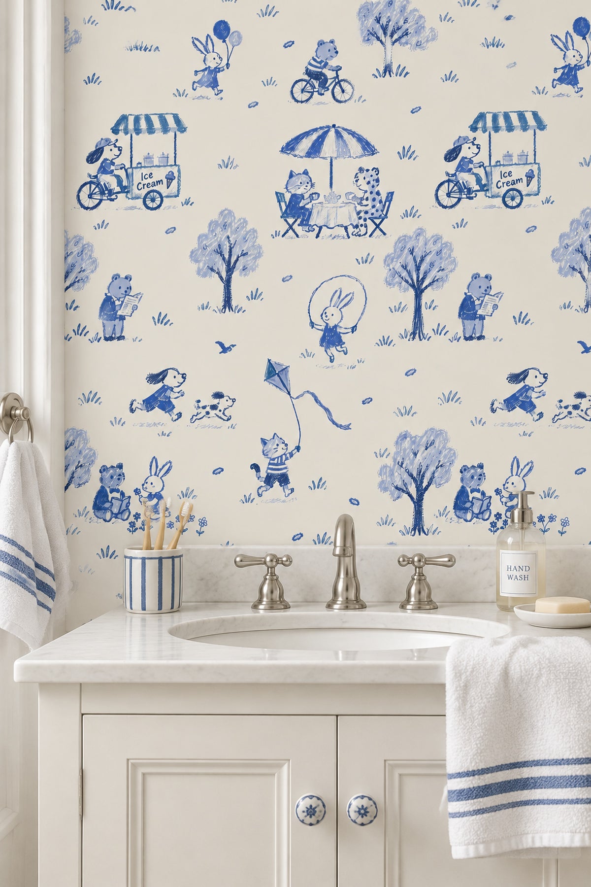 Playful Animal Park Scene Wallpaper Blue Toile On Ivory