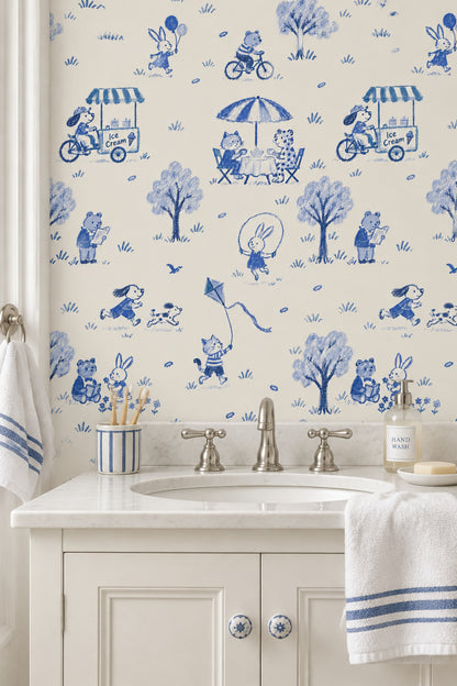 Playful Animal Park Scene Wallpaper Blue Toile On Ivory