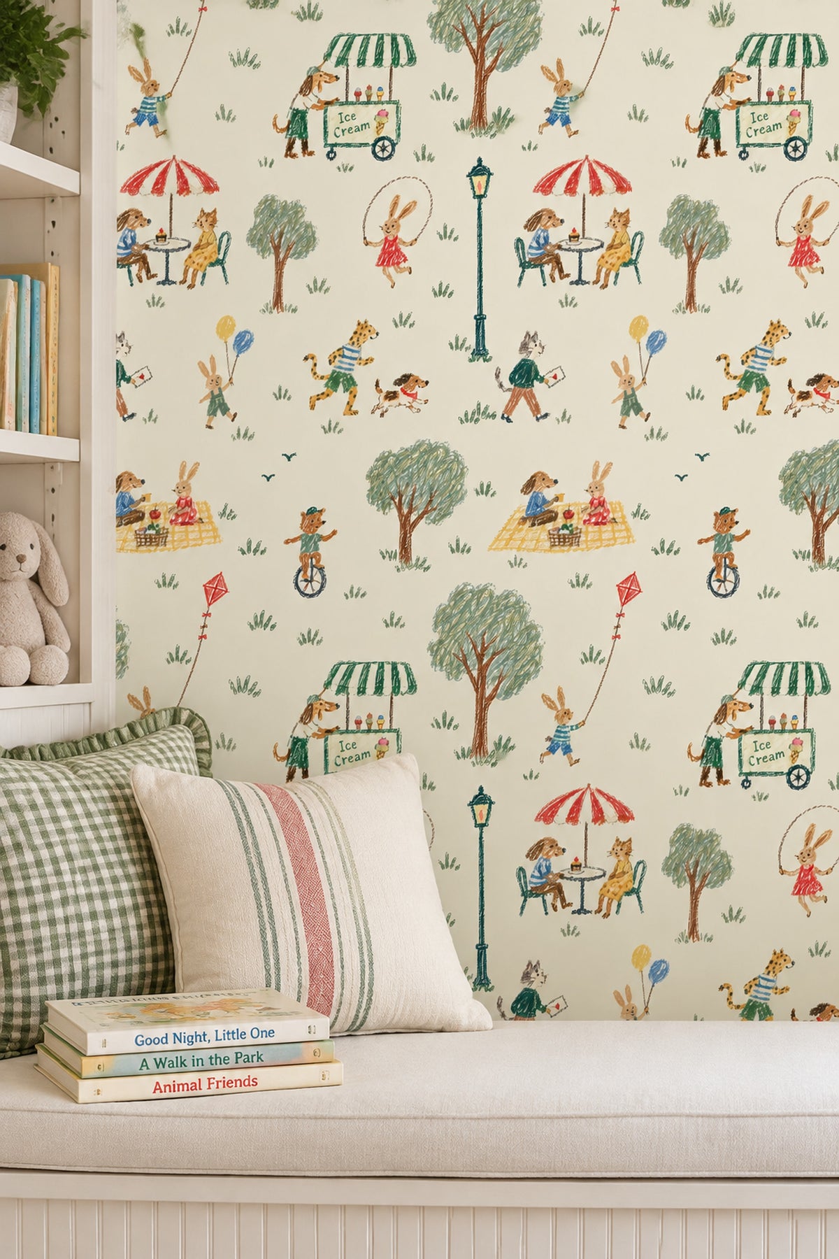 Playful Animal Park Wallpaper Cream Background Crayon Illustration
