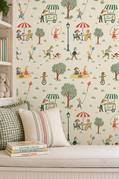 Playful Animal Park Wallpaper Cream Background Crayon Illustration