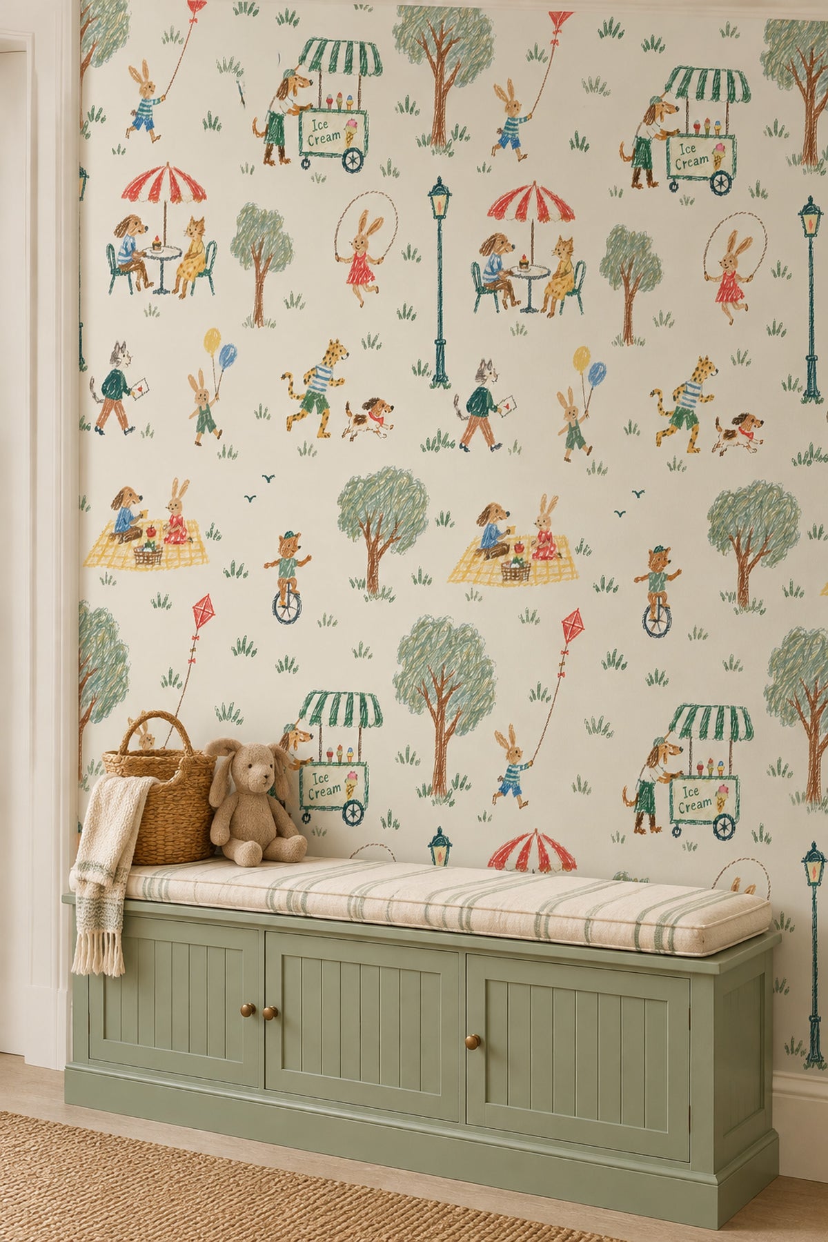 Playful Animal Park Wallpaper Cream Background Crayon Illustration