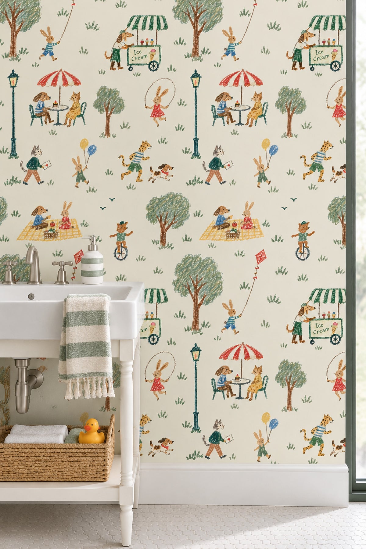 Playful Animal Park Wallpaper Cream Background Crayon Illustration