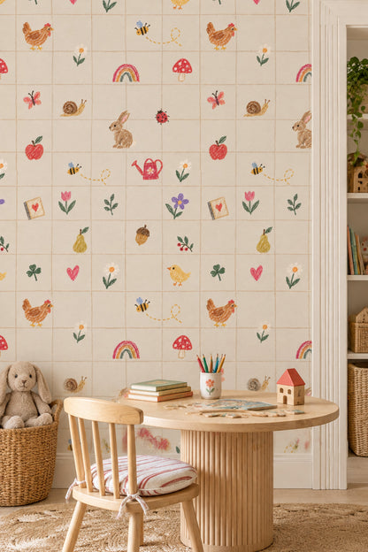 Crayon Garden Animals Wallpaper Checkered Grid On Cream