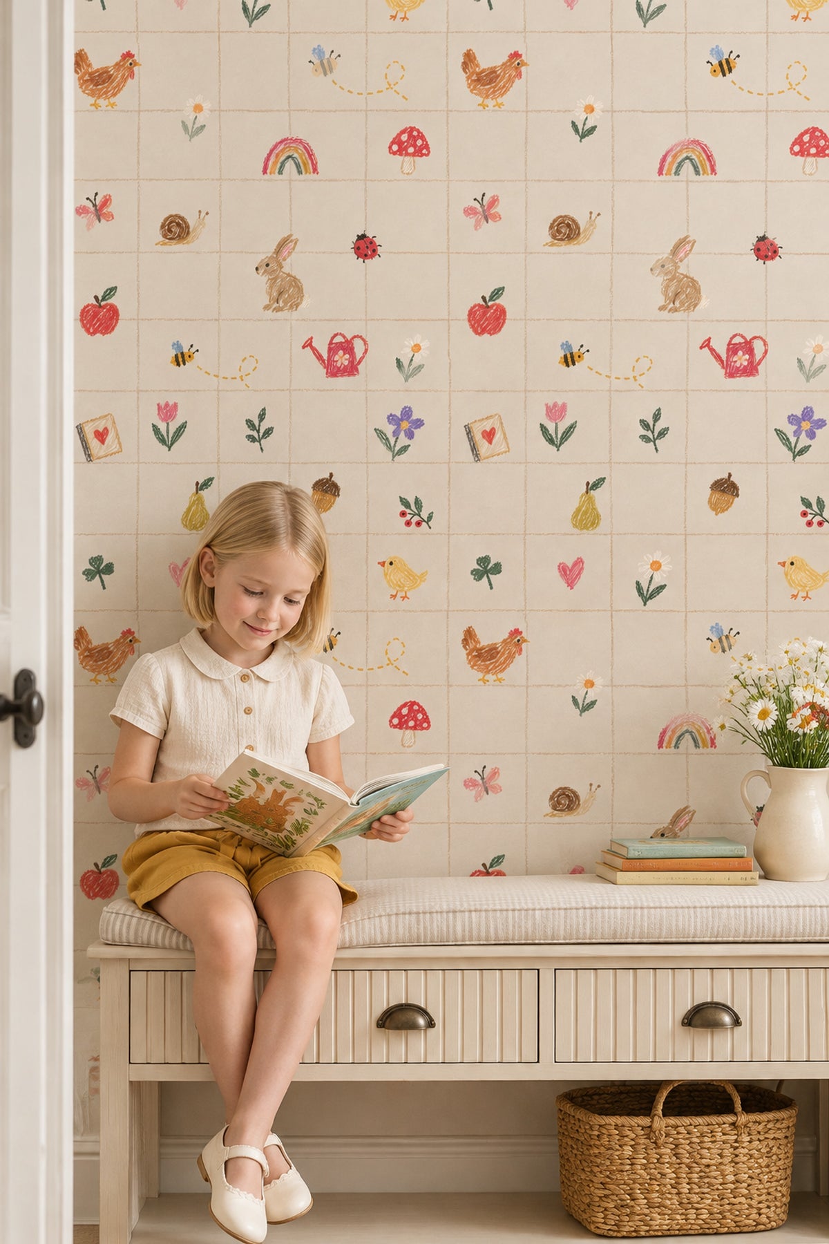 Crayon Garden Animals Wallpaper Checkered Grid On Cream