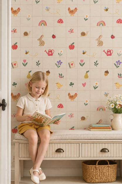 Crayon Garden Animals Wallpaper Checkered Grid On Cream