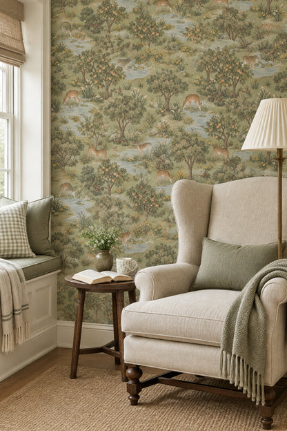 Spotted Deer Stream Wallpaper Vintage Inspired Green Scenic Landscape