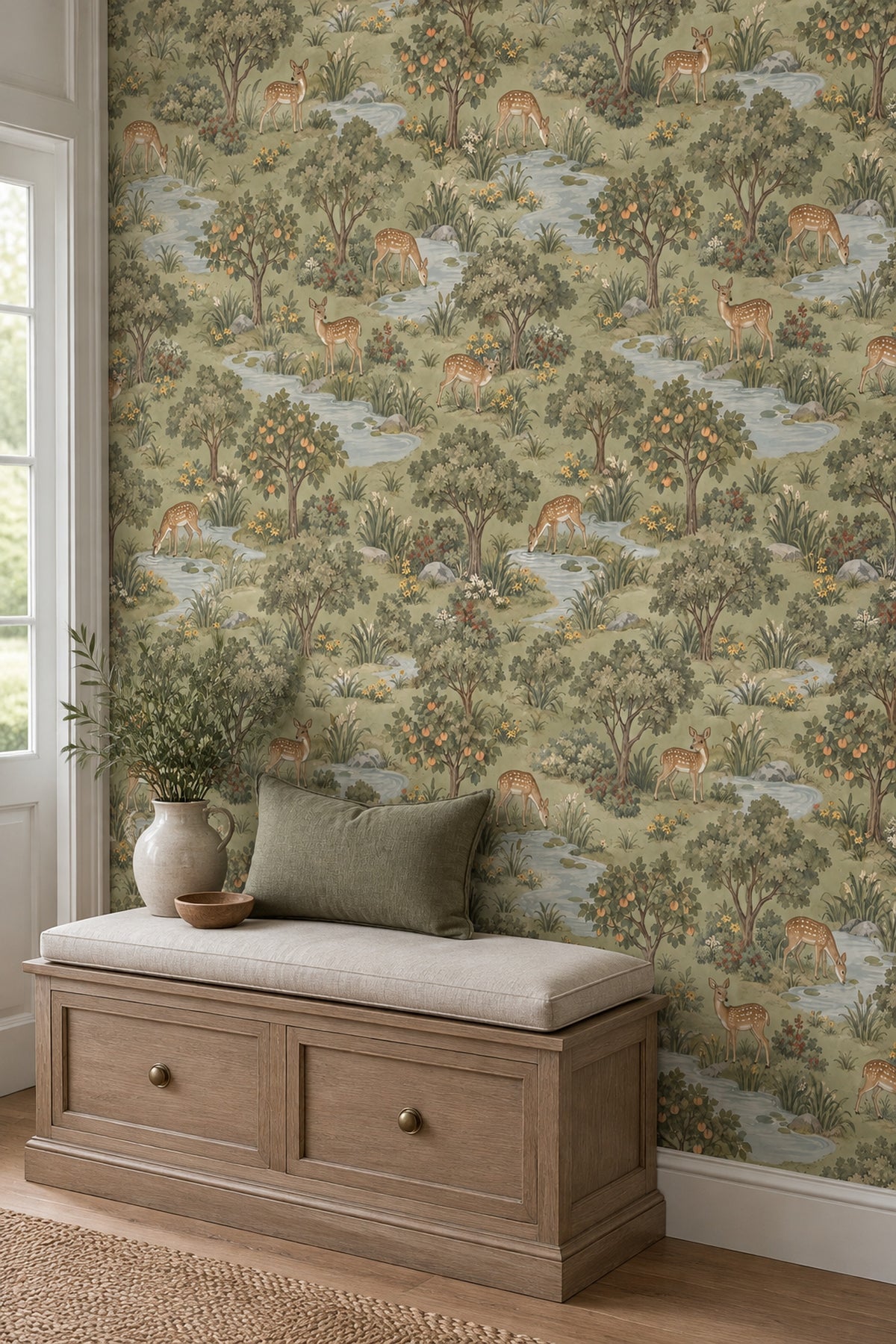 Spotted Deer Stream Wallpaper Vintage Inspired Green Scenic Landscape