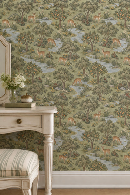 Spotted Deer Stream Wallpaper Vintage Inspired Green Scenic Landscape
