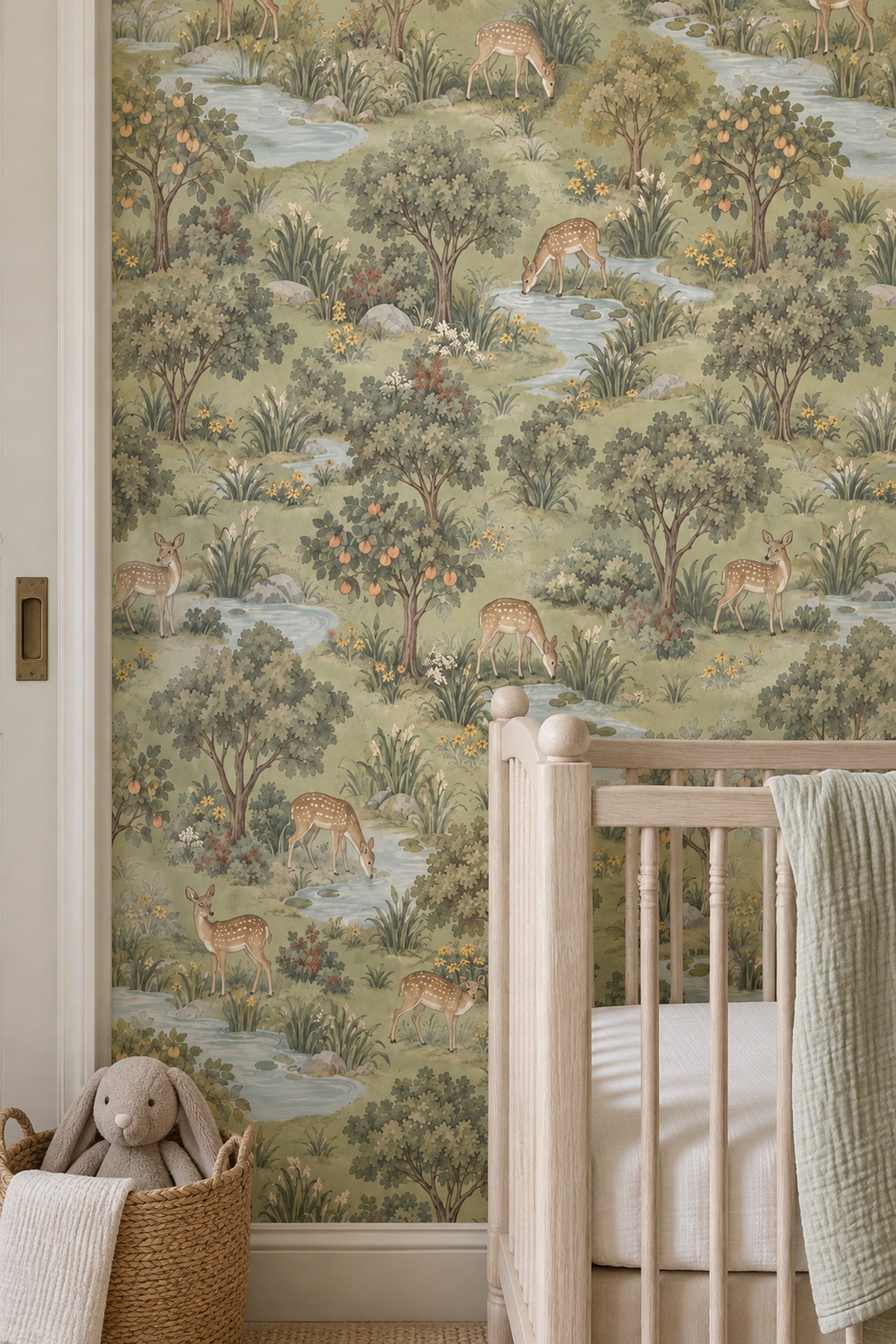 Spotted Deer Stream Wallpaper Vintage Inspired Green Scenic Landscape