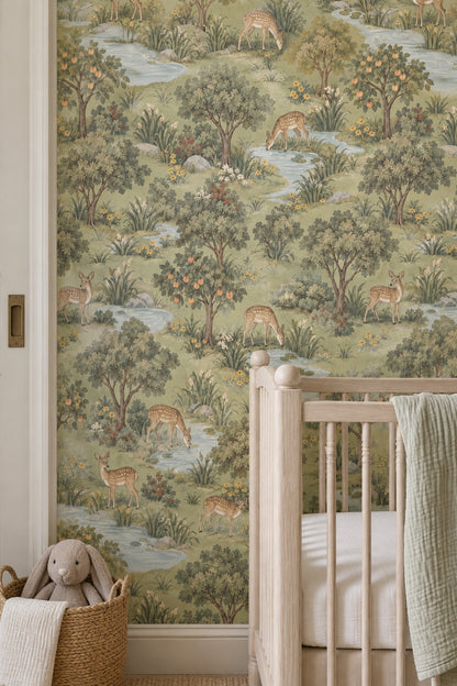 Spotted Deer Stream Wallpaper Vintage Inspired Green Scenic Landscape