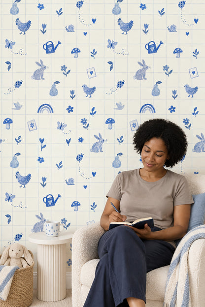 Blue Doodle Garden Animals Wallpaper Checkered Grid On Cream