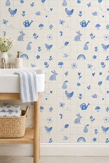 Blue Doodle Garden Animals Wallpaper Checkered Grid On Cream