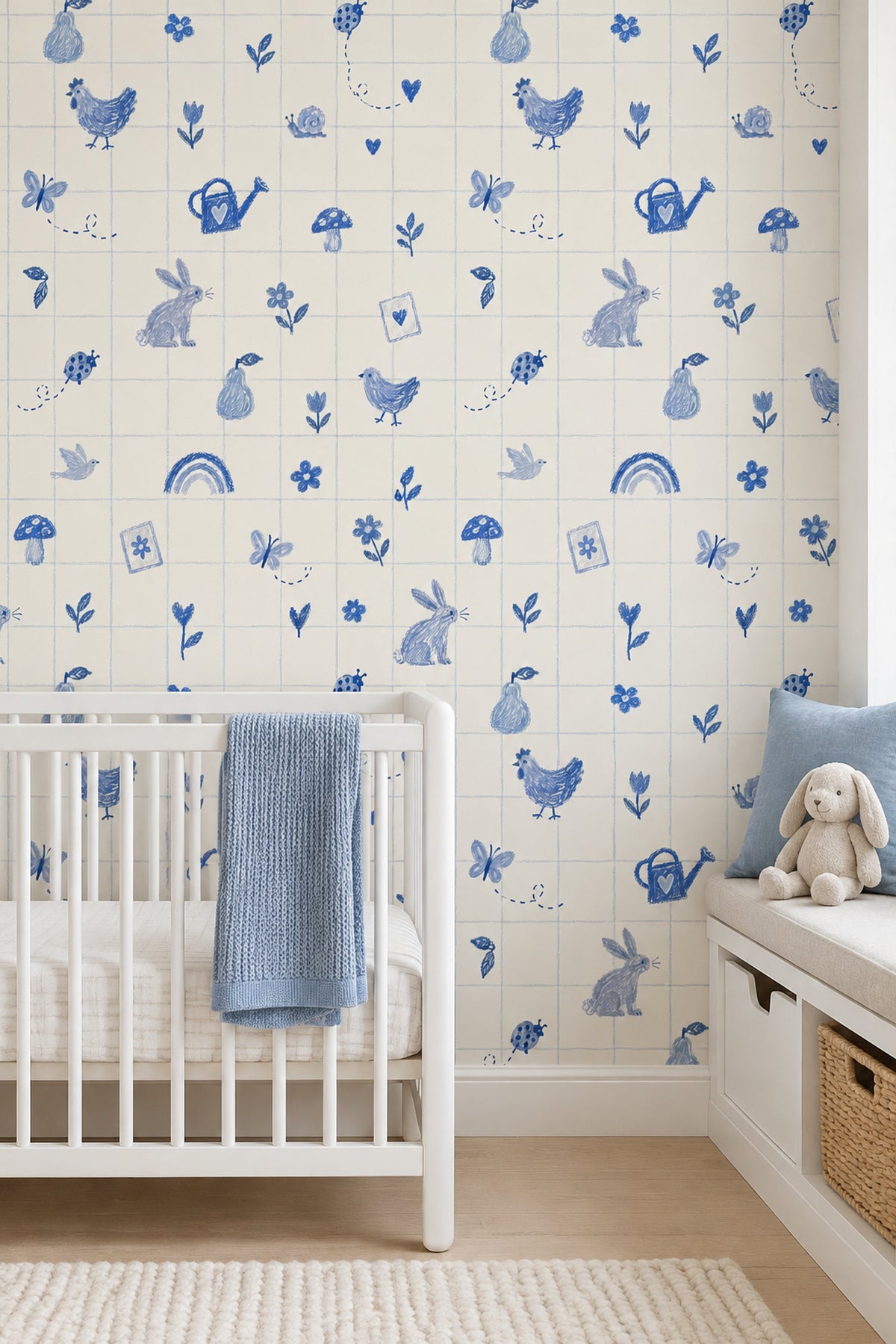 Blue Doodle Garden Animals Wallpaper Checkered Grid On Cream