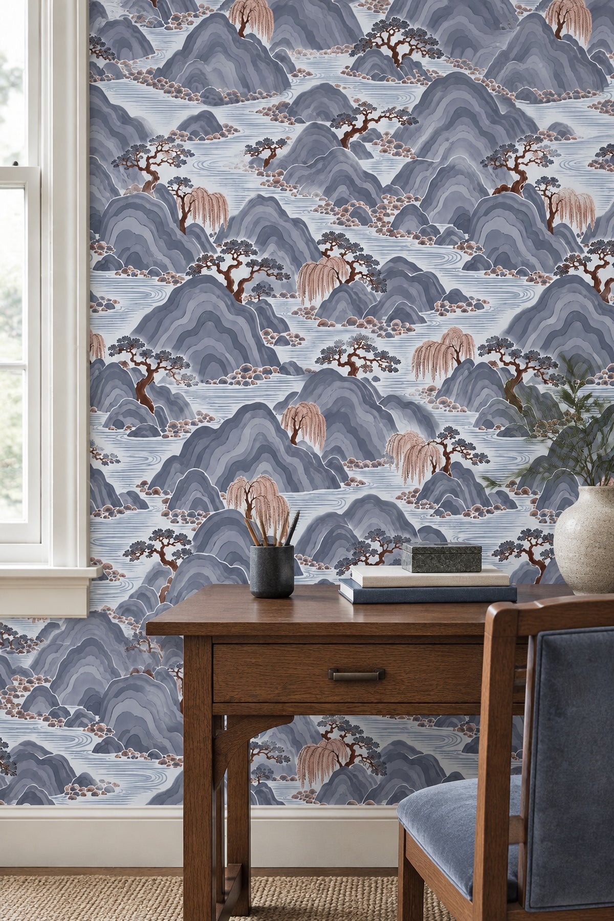 East Asian Mountains Wallpaper Gray Blue Chinoiserie Landscape