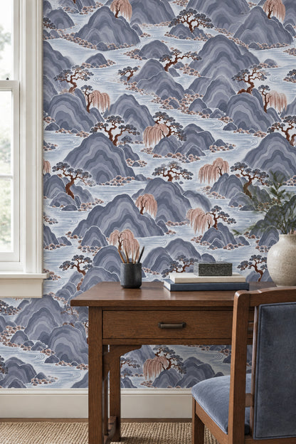 East Asian Mountains Wallpaper Gray Blue Chinoiserie Landscape