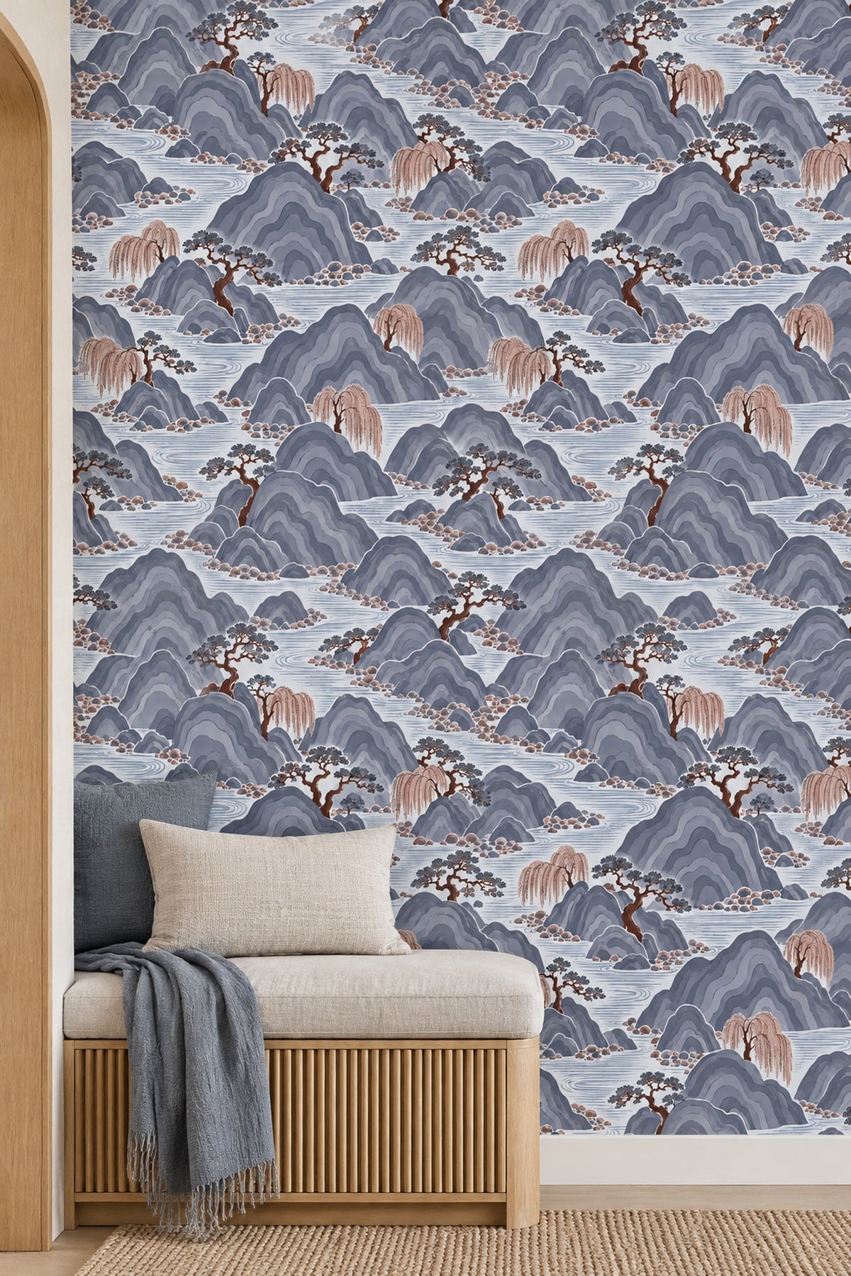 East Asian Mountains Wallpaper Gray Blue Chinoiserie Landscape