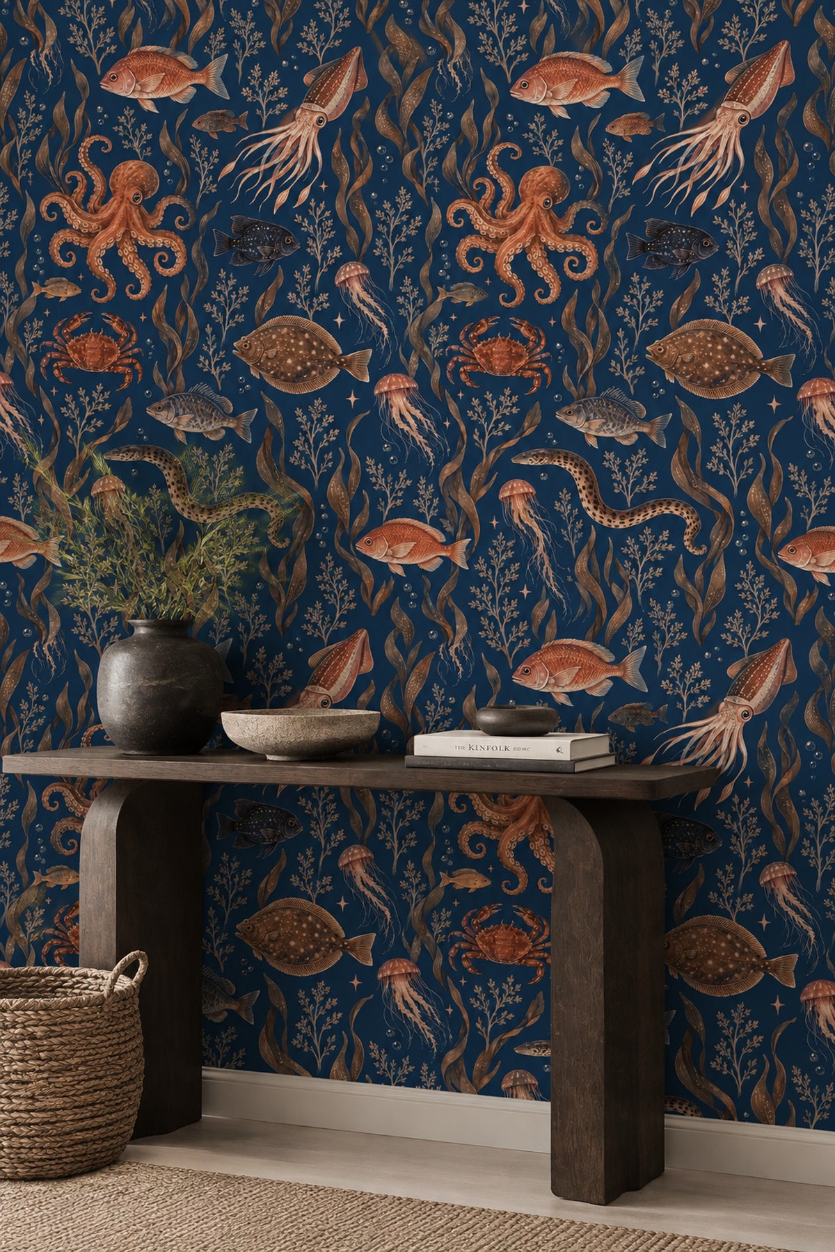 Octopus And Fish Wallpaper Vintage Inspired Ocean Pattern On Dark Navy