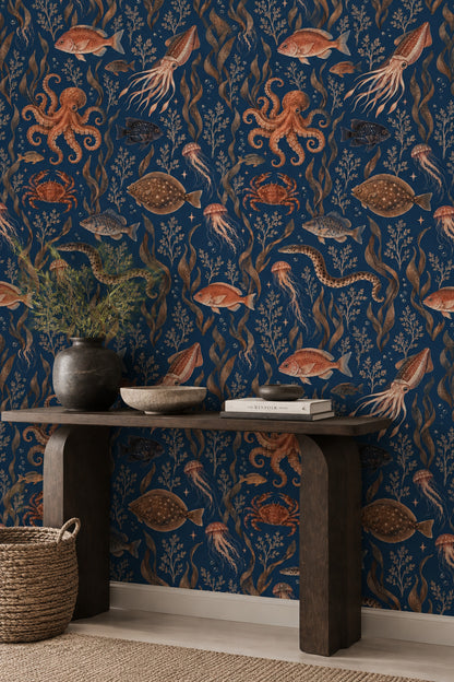 Octopus And Fish Wallpaper Vintage Inspired Ocean Pattern On Dark Navy
