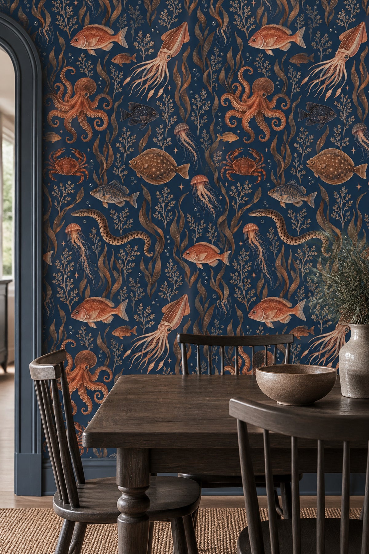 Octopus And Fish Wallpaper Vintage Inspired Ocean Pattern On Dark Navy