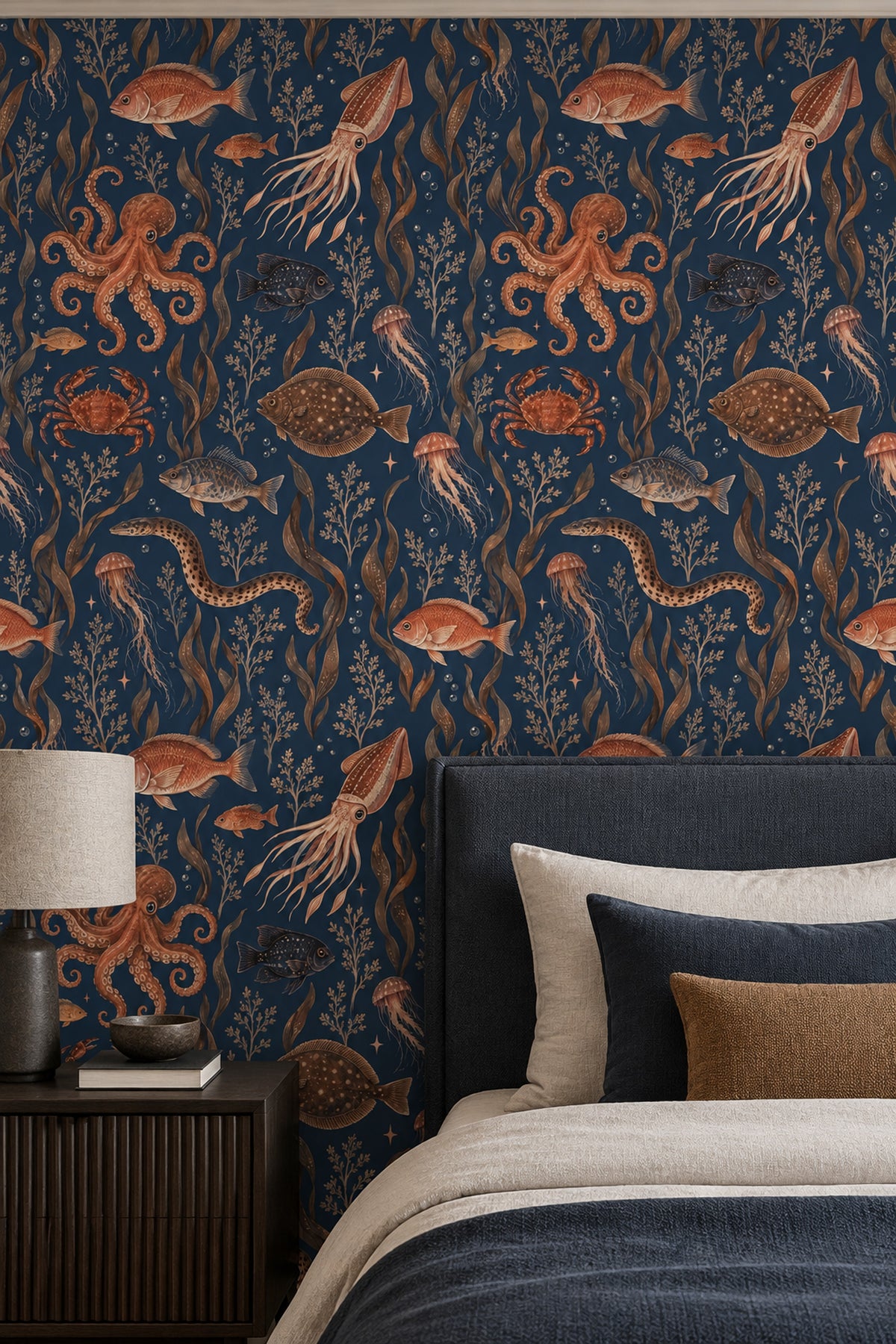 Octopus And Fish Wallpaper Vintage Inspired Ocean Pattern On Dark Navy