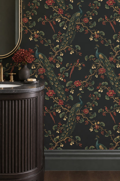 Peacock And Exotic Birds Wallpaper Dark Chinoiserie Floral