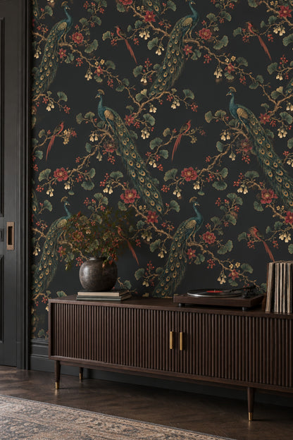 Peacock And Exotic Birds Wallpaper Dark Chinoiserie Floral