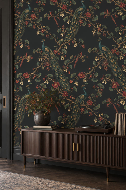 Peacock And Exotic Birds Wallpaper Dark Chinoiserie Floral