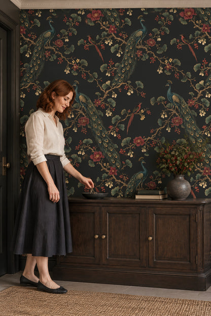 Peacock And Exotic Birds Wallpaper Dark Chinoiserie Floral