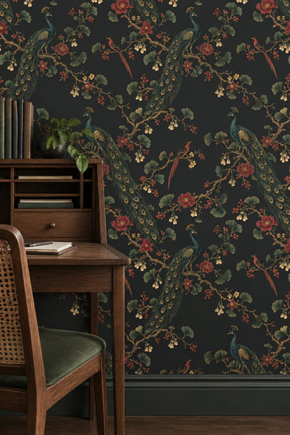 Peacock And Exotic Birds Wallpaper Dark Chinoiserie Floral