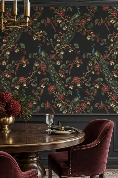 Peacock And Exotic Birds Wallpaper Dark Chinoiserie Floral